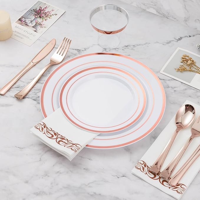 BESTVIP 175PCS Rose Gold Disposable Dinnerware Set for 25 Guests, Plastic Plates for Party, Wedding, Christmas, Halloween, Include: 50 Plastic Plates, 25 Rose Gold Silverware, 25 Cups, 25 Napkins
