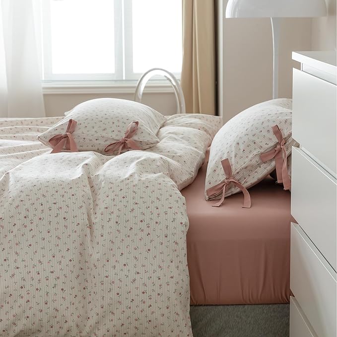 HighBuy Farmhouse Comforter Set King Botanical Floral Bedding Comforters King for Teen Girls with 2 Bowknot Bow Tie Pillowcases Fluffy Soft Comforter Cozy,All Season Comfy Striped Comforter