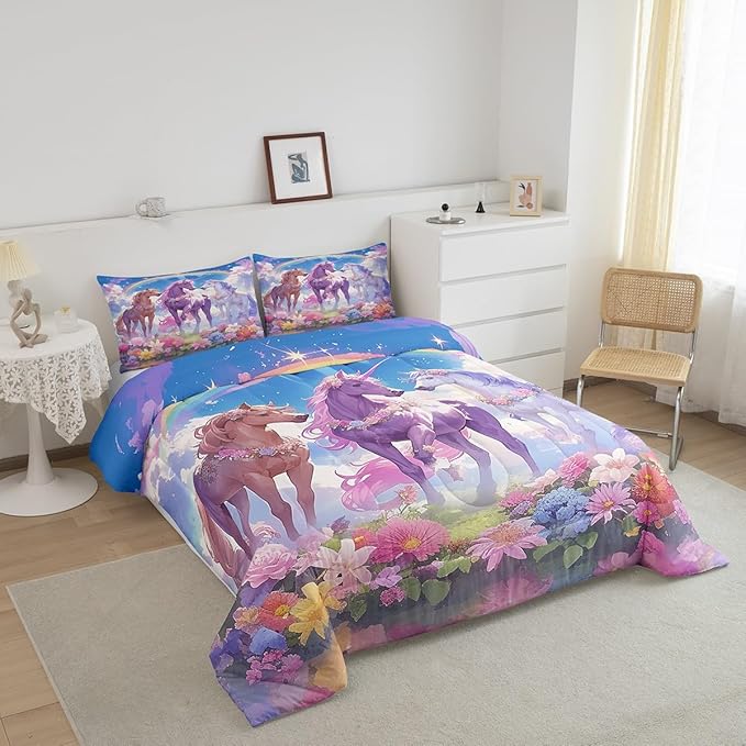 Castle Fairy Dreamy Unicorn Comforter Set Twin Size,Rainbow Blue Sky Colorful Flowers Reversible Bedding Set for Kids Boys Men,Cartoon Animal Floral Galaxy Quilted Duvet Set with 1 Pillowcase