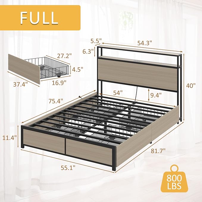 Lifezone Full Bed Frame with 2-Tier Storage Headboard, Metal Platform Bed Frame with 4 Storage Drawers, Built in Charging Station & LED, Noise-Free/Metal Support/No Box Spring Needed, Beige