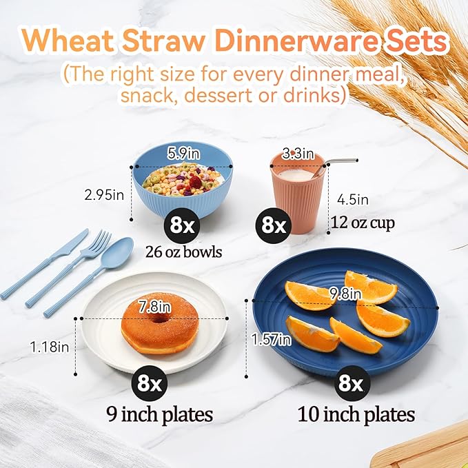 Wheat Straw Dinnerware Sets,64-Piece Plates and Bowls Sets for 8-Unbreakable,Reusable Plastic Dish Set-Dinner Plate/Dessert Plate/Cereal Bowl/Cup/Utensils-Microwavable Dishwasher Safe 64P-Deep Blue