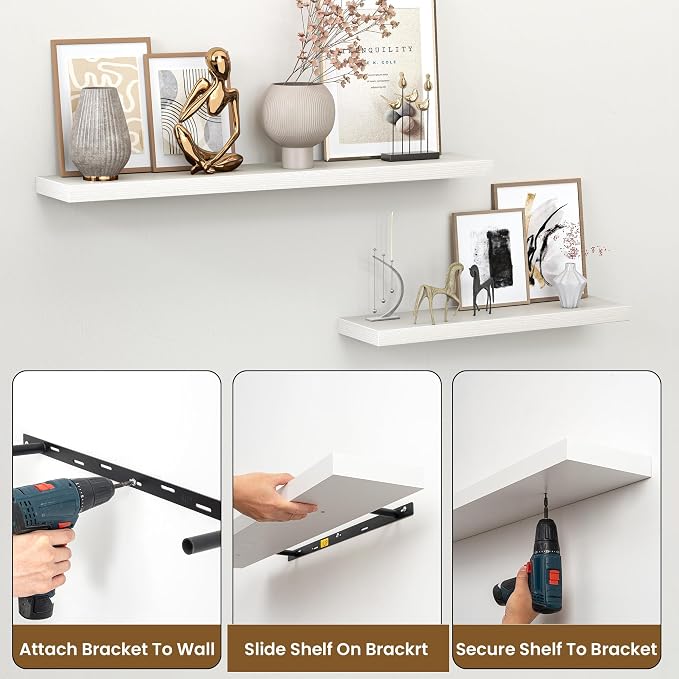 Heimlove 55 Inch Floating Shelves for Wall,Extra Long Mounted Storage wall Shelves with Invisible Metal Bracket for Bedroom Living Room Kitchen Office Set of 2,White