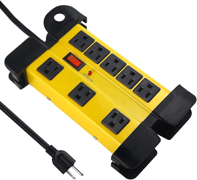 Heavy Duty Surge Protector for Appliances, 8 Outlet Workshop Power Strip with 1200 Joules, Metal with 10 FT Extension Cord and Wide Spaced. Yellow