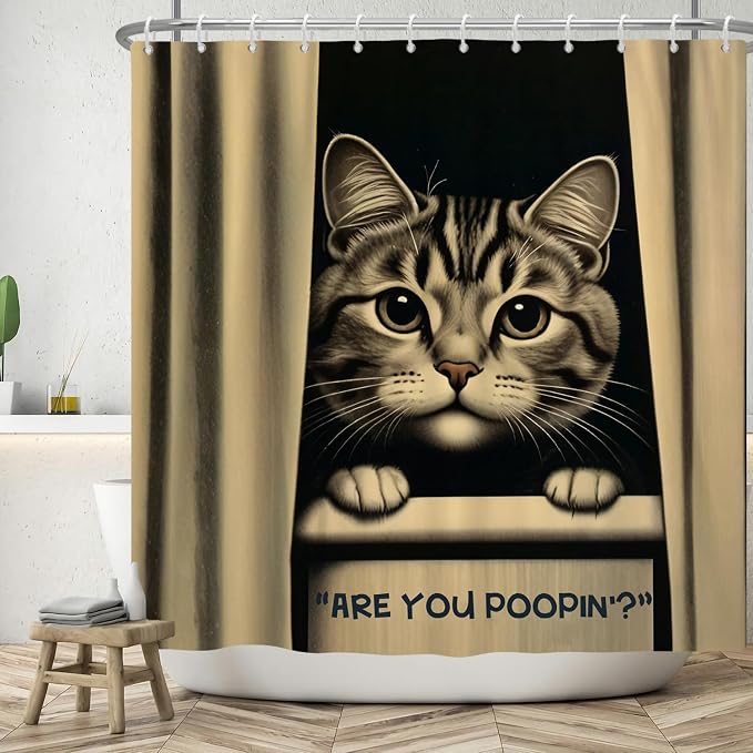 Cat Shower Curtains Cute are You Poopin' Funny Humorous Animal Whimsical Bathroom Curtain Curious Joke Cat Shower Curtain Sets for Bathroom Extra Long 72x108 in with 12 Hooks