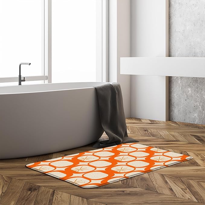 Mid Century Modern Bath Mat Abstract Atomic Geometric Retro 1950s Orange Bathroom Kitchen Toilet Rugs,16x24 Inch