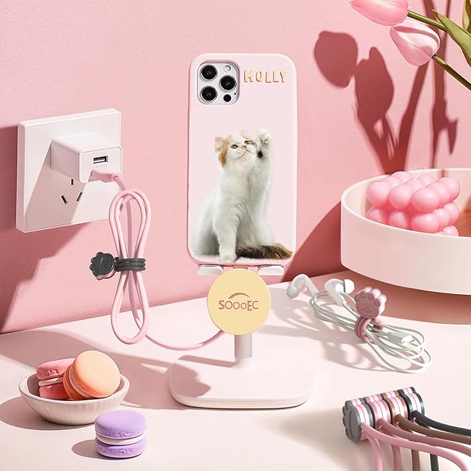 SOOOEC Cute Cat Paw Magnetic Cable Ties – 24 Pack, Reusable Silicone Cord Organizers for Home & Office, Strong Magnetic Hold, Double-Sided Colors, Perfect for Cable Management and Gift Idea