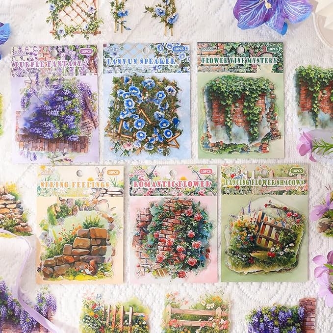 Dwpetzo Garden Flower Landscape Stickers for Journaling, 6 Themes Transparent PET Wildflower Brick Wall Fence Vines Stickers for Scrapbooking, Junk Journal Supplies, Collage, Planner, Mixed Media