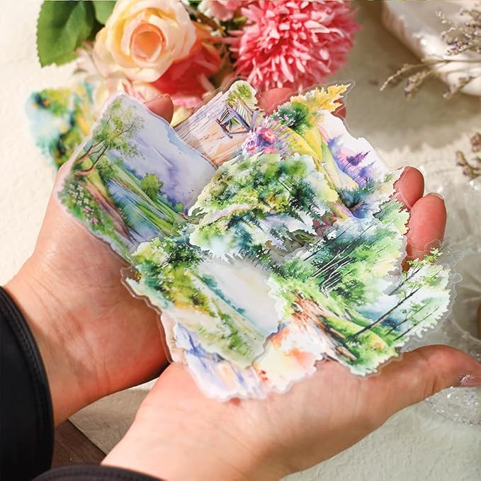 120PCS Large PET Nature Scenery Stickers for Journaling, 2.76 x 2.76 inches, 6 Assorted Landscape Scrapbook Stickers for Scrapbooking, Craft Art, Bujo, Junk Journal Supplies, Collage Decorative
