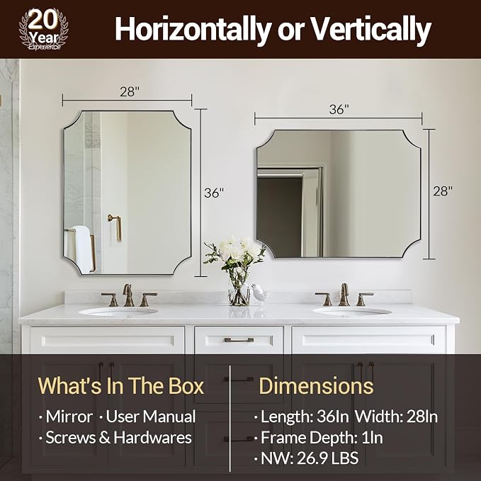 ANDY STAR 28x36 Inch Chrome Bathroom Mirror, Scalloped Mirror for Bathroom, Polished Chrome Mirror in Anti-Rust Stainless Steel Metal Thin Frame Deep 1", Hangs Vertically or Horizontally