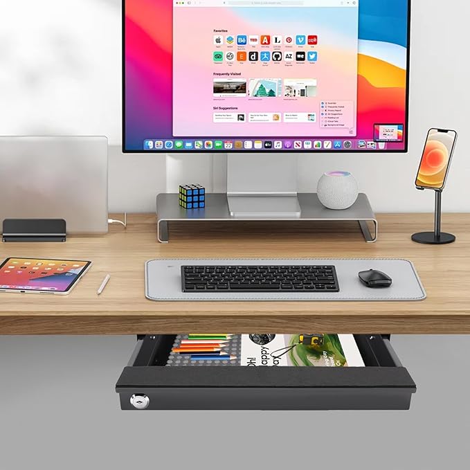 18.9" Under Desk Storage Drawer with Holes, Locking Design Black Sliding Pull-Out Drawer for Sit Stand Workstation