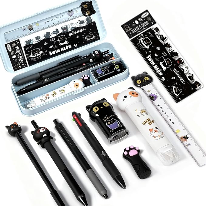 10Pcs Black Cute Cat Stationery Set Cat School Supplies Kawaii Japanese Stationery Birthday GIFS Including Pens Pencil Sharpener Highlighter Eraser Correction Tape Ruler for Office School Supplies