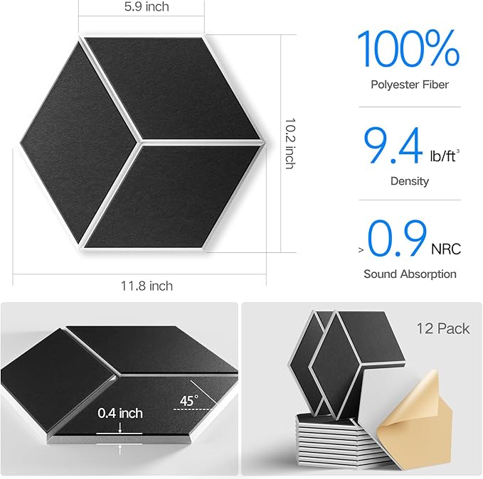 12-Pack Self-Adhesive Acoustic Panels 12" x 10" x 0.4" High-Density, Flame-Resistant Soundproof Foam. Absorbs Noise and Eliminates Echoes, Hexagonal 3D Design(BlackFace)