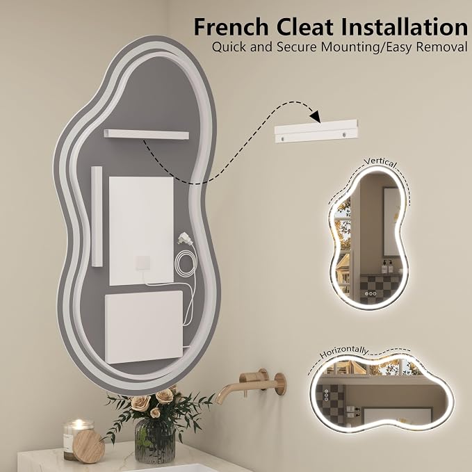24x36 Inch Asymmetrical LED Bathroom Mirror, Irregular Cloud LED Lighted Vanity Mirror with Lights for Wall, Anti-Fog, Dimmable, 3 Colors, Memory (Horizontal/Vertical)