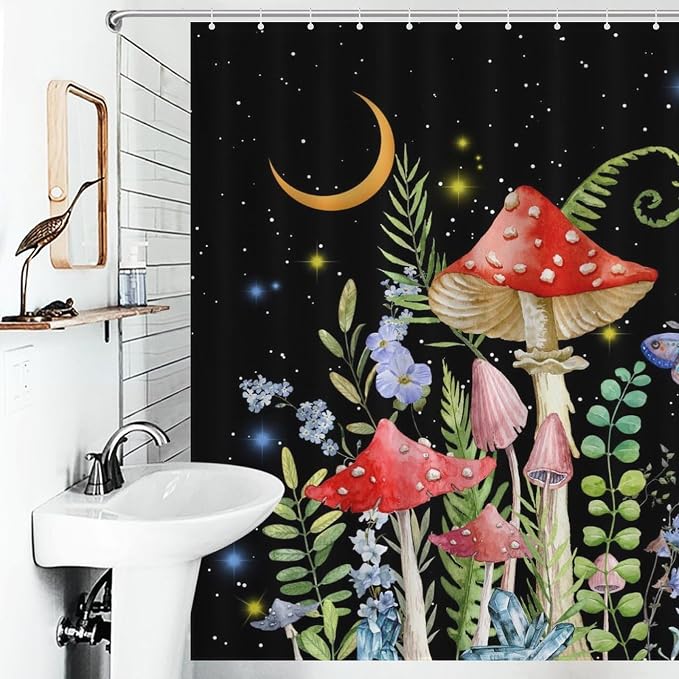 Mushroom Shower Curtain for Bathroom, Magic Gothic Fairy Forest Botanical Vintage Mushroom Wildflower Plants Herbs Farmhouse Country Waterproof Fabric Shower Curtain Set with Hooks, 72"x78" Inch