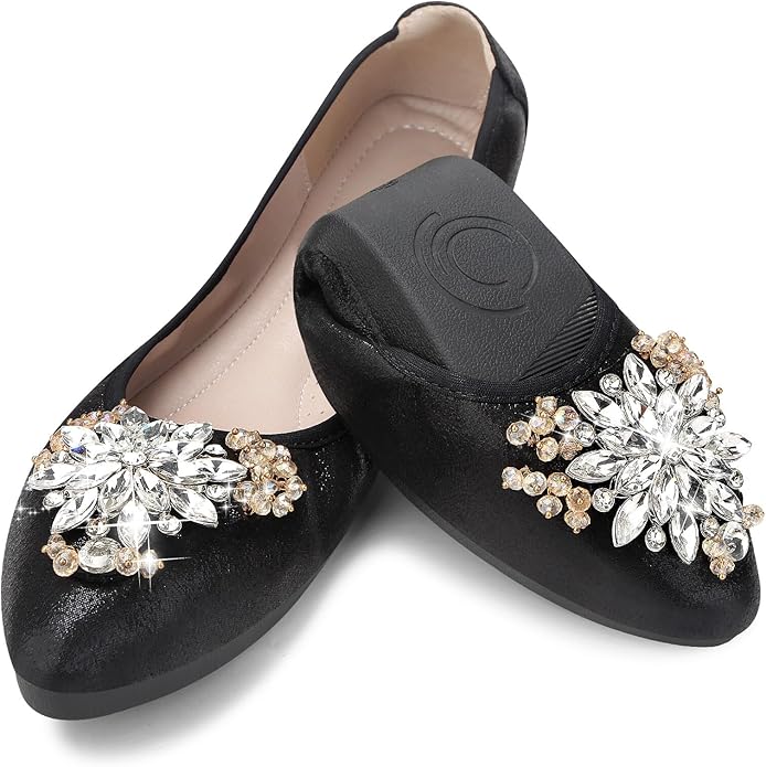 KUNWFNIX Women Ballet Flats Rhinestone Wedding Ballerina Shoes Foldable Sparkly Comfort Slip on Flat Shoes