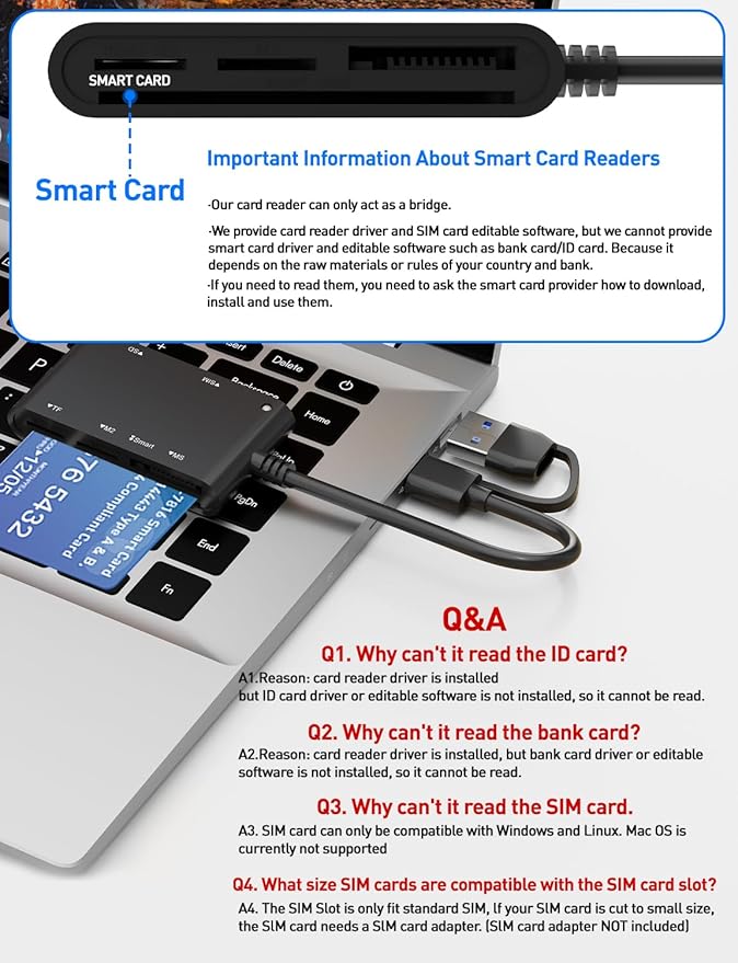Type C/USB SIM Card Adapter - 7 in 2 CAC Smart Card Reader Military, MS Pro Duo/SD/TF/M2/ID/IC/PIV/SIM Card Reader, Memory Stick Pro Duo Adapter SIM Card Reader for Computer,PC,Windows,Linux,MacOS