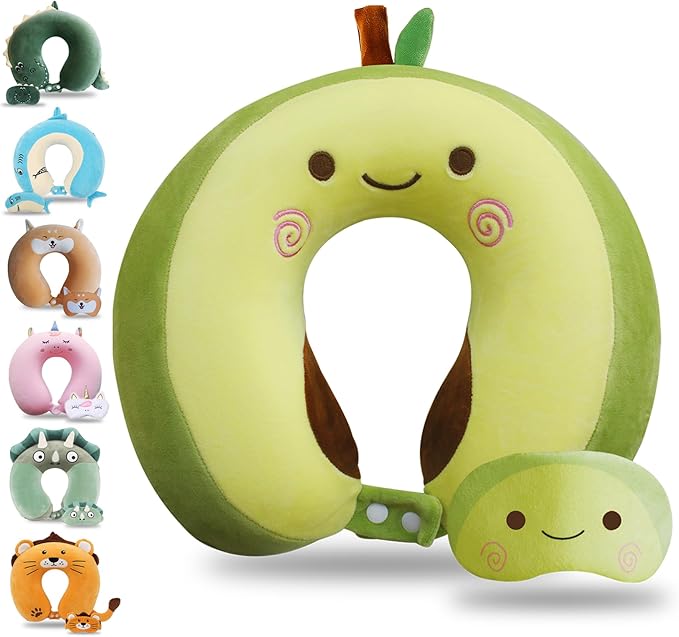 Cute Travel Pillow with Sleep Eye Mask Cartoon Headrest & Neck Pillow for Kids Boys & Girls, Teens, Travel Accessories for Airplane, Car, Recline, Home Use Memory Foam Flight - Green Avocado