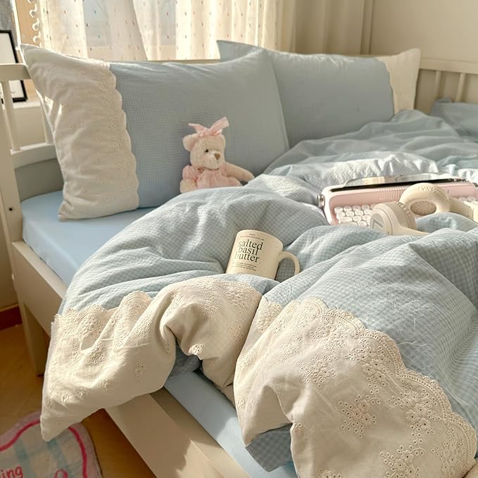 LifeTB Blue Gingham Duvet Cover King 3 Pieces Blue Plaid Comforter Cover with Chic White Lace Soft Microfiber Checkered Grid Duvet Cover with 2 Pillowcases Breathable Gingham Plaid Bedding Set