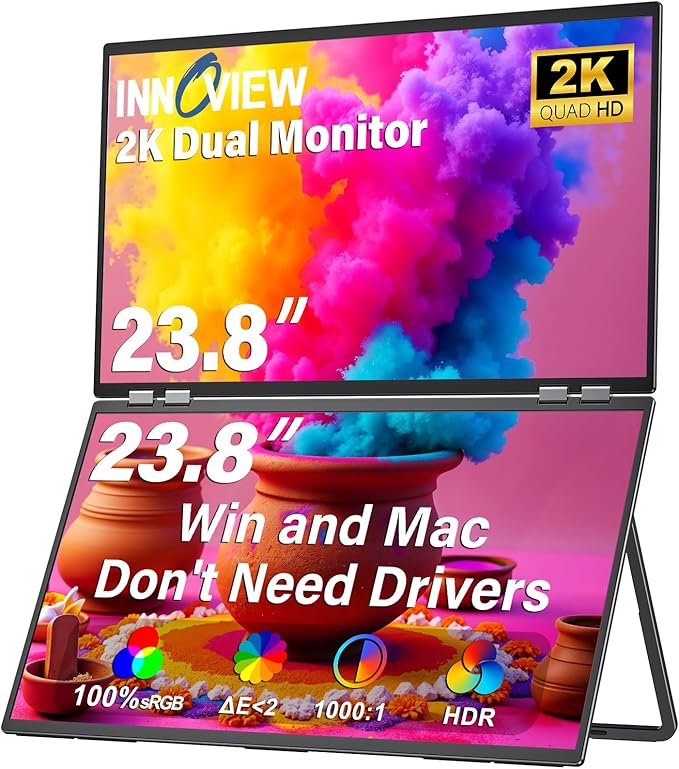 InnoView 2025 23.8" 2K Dual Portable Monitor QHD 2560 x 1440P 100% sRGB - Foldable & Stackable Design with 315° Screen Adjustment & 180° Stand | USB-C/HDMI, Dual Monitor for Laptop, Mac, Windows