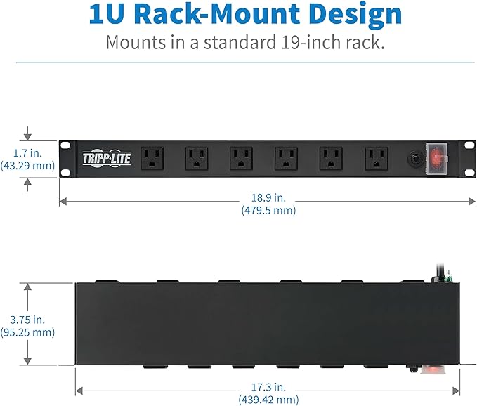 Tripp Lite 12-Outlet Rack Mount Power Strip PDU, Six Front & Six Rear Facing Outlets, 15A, 120V, 15ft Cord with Right-Angle Plug, Horizontal 1U Rack Mount, Black