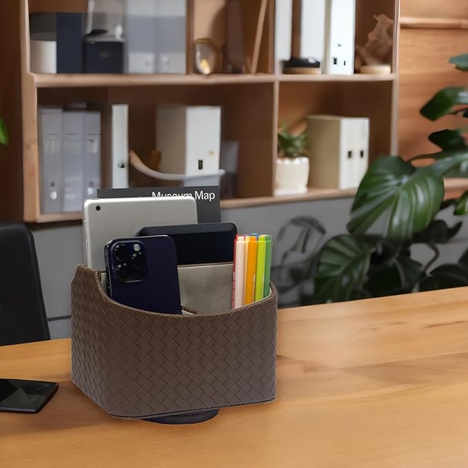 UnionBasic Rotating Desk Organizer, 360 Degree Desk Spinning Caddy, Desktop TV Guide/Mail/Media/Remote Controller Holder Organizer, Woven Coffee