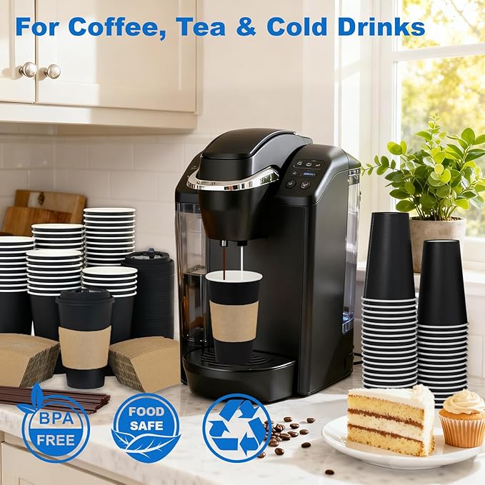 Coolcap 16 oz 500 Pack Coffee Cups with Lids and Sleeves, Straws, Hot Disposable To Go Travel Paper Cups Bulk for Office, Home Coffee Bar Accessories, Chocolate, Cocoa, Beverage (Black)