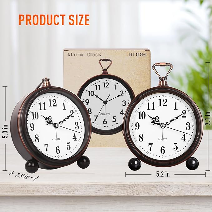 RODH Battery Alarm Clock,Night Light,Vintage Hangable Super Silent Non Ticking Analog Table Clock for Bedroom Bedside, Desk,Shelf