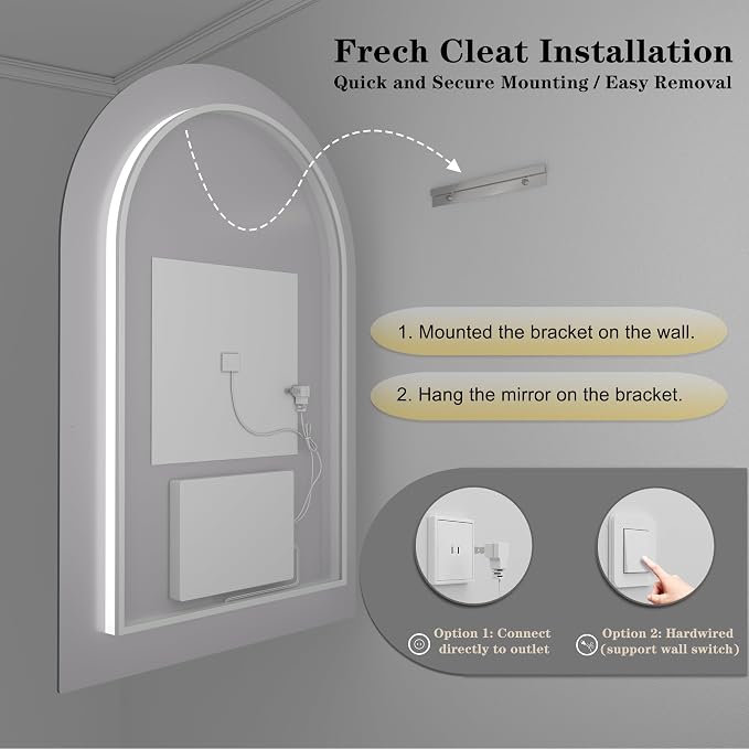 22x32 Arched LED Bathroom Mirror with Lights, Lighted Bathroom Vanity Mirror for Wall, Dimmable Backlit, Anti-Fog, Memory, ETL Listed