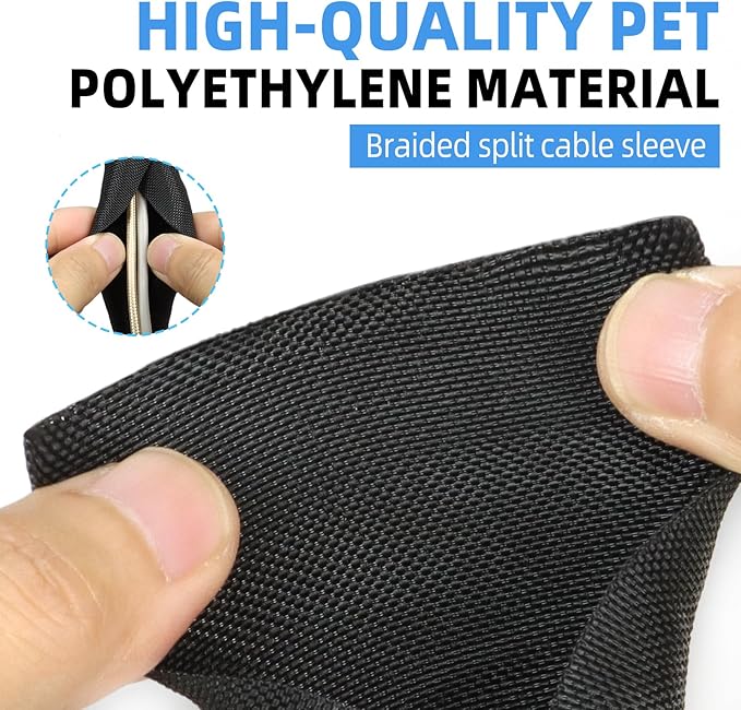 Automotive Wire Loom Tubing, Split Braided Cord Protectors from Pets No Chew, Flexible Cable Sleeve Cable Management for TV/Computer/Electric Wires (Black, 5/8"-10ft)
