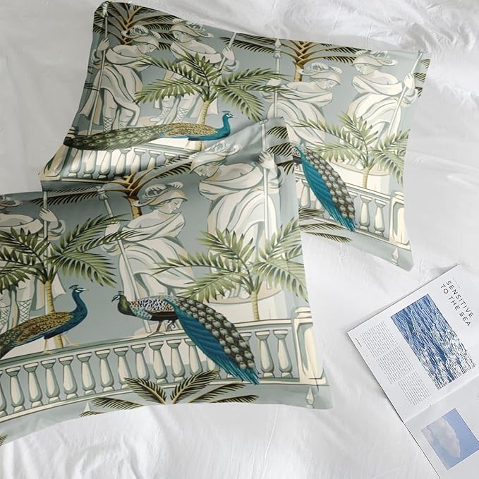 Comforter Set Queen Size, Peacock Bird Animal 7 Pcs Bedding for Kids and Adults, Floral Botanical Grey Green Bed Sheet Sets with Fitted Sheet 2 Pillowcase & 2 Sham for Bedroom Bed Decor