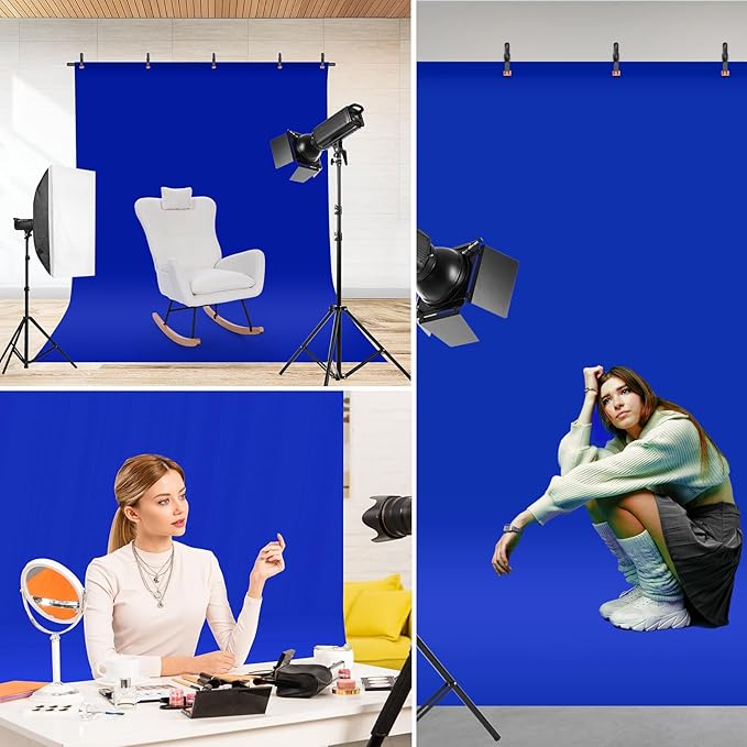 Blue Screen Backdrop Kit, Portable Bluescreen Background with T-Shaped Stand, 5 Clamps & Carrying Bag for Photography, Streaming, Zoom, Gaming, (Blue, 6.5 Feet X 5.0 Feet)