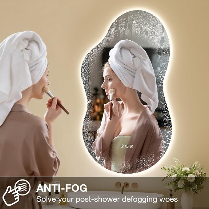 Irregular Cloud Backlit Bathroom Mirror 24x36 Inch, LED Vanity Mirror with Lights Anti-Fog, Dimmable 3 Colors, 4mm Tempered Glass, Horizontal/Vertical Wall Mount for Bathroom or Makeup Area