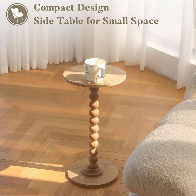 Small Side Table, Drink Table for Small Spaces, Modern Martini Table with Solid Wood Leg, Round End Tables Living Room for Bedroom and Office (Rustic Walnut)