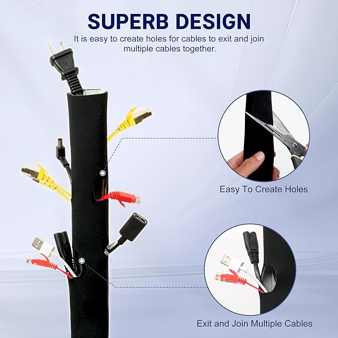 Cable Management Sleeve 5ft (60 inch) - 1.5 inch, 2-Pack, Hook-and-Loop Cuttable Neoprene Cord Organizer, Split Wire Reversible Cord Protector for TV USB PC Ethernet Cable Hider Protect Pets Kids