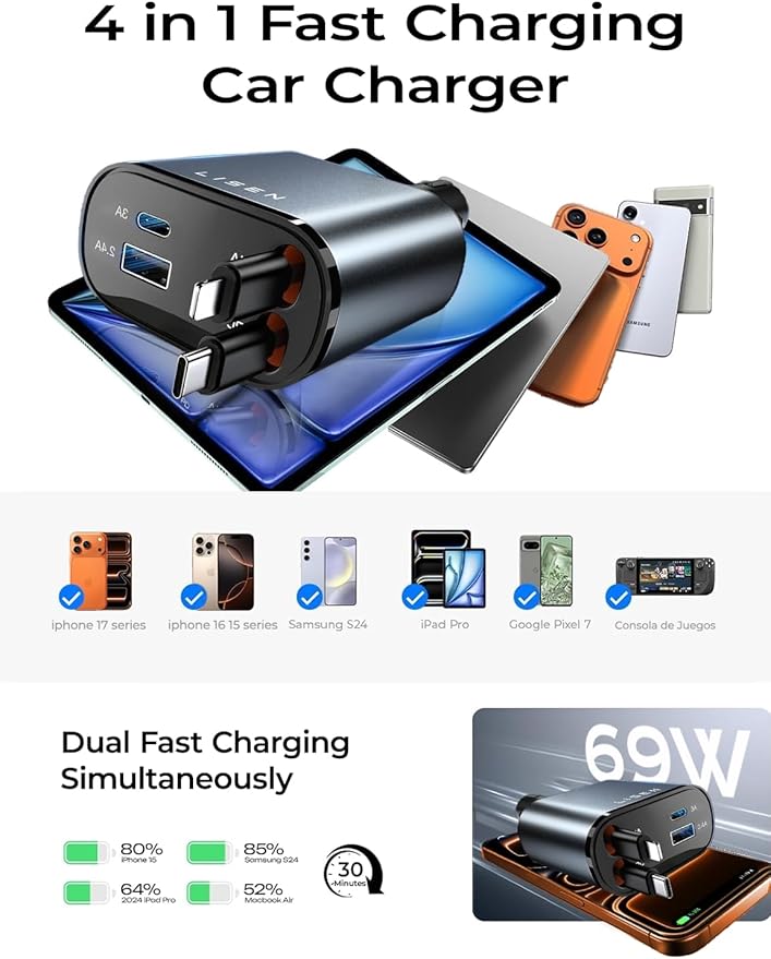 LISEN Retractable Car Charger, for Gifts for Him Her, 69W Cars Adapter USB C Fast Charger for iPhone 17-11, Car Accessories Gadgets for Men, Anniversary Birthday Gifts for Men Women, for Samsung