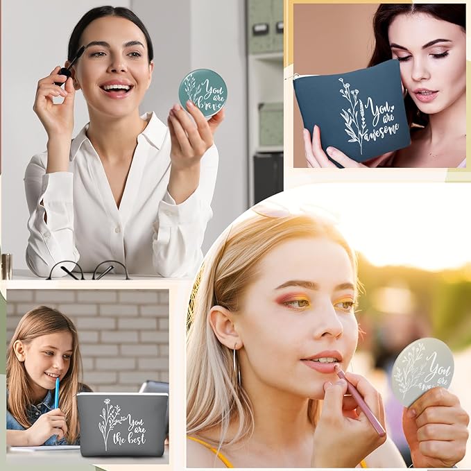 60 Pcs Employee Appreciation Gifts For Women Inspirational Canvas Makeup Bags Portable Compact Mirror Bulk Cosmetic Bags Thank You Gifts for Social Worker Coworkers (Botanical,Vintage)