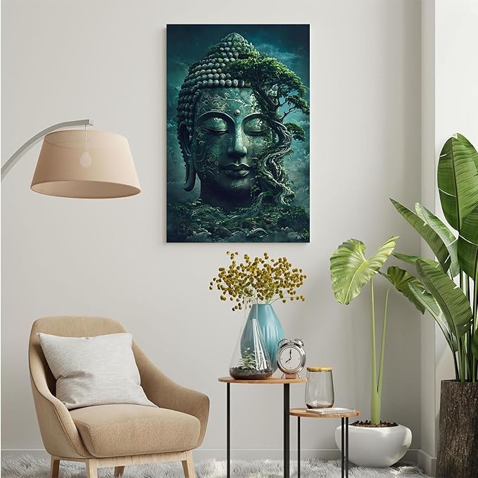 Buddha statue wall art canvas wall decor aesthetic picture mystical nature art for tranquil home and spiritual space 28x40in Frameless