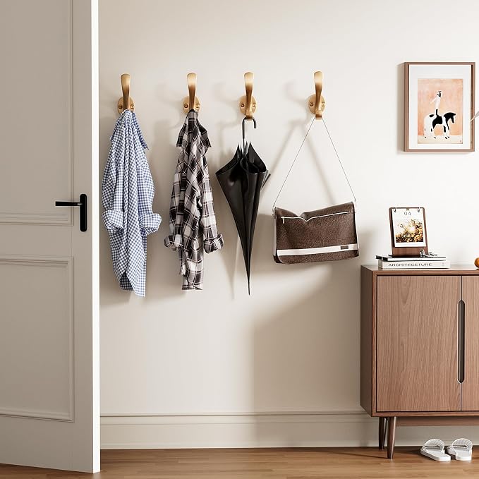 Coat Hooks Heavy Duty - Easy to Install Metal Towel Hooks Fashionable Wall Hooks for Hanging Hat, Towel, Key, Robe, Scarf, Bag, Cap (8 PCS Gold)