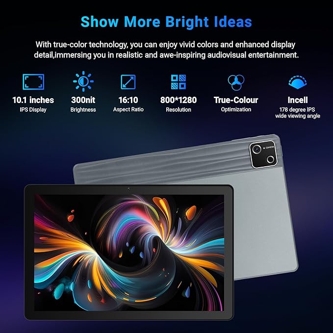 Tablet, 10 inch tablet Android 15 with Octa-core Processor, 30GB+128GB+1TB Expand, 6200mAh, 15W Fast Charge, 1280x800 HD IPS Screen, WiFi 6, BT 5.4, Dual Camera, Widevine L1 support, GMS Certified