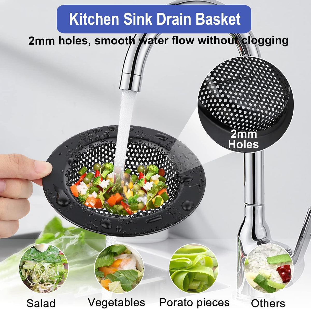 Kitchen Sink Drain Strainer 3 Pack Stainless Steel Sink Stopper, Anti-Clogging Kitchen Sink Drain Basket for Kitchen Sink Strainer Replacement Set (Black, 3 Pack)