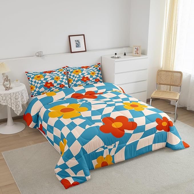Castle Fairy Kids Vintage Groovy Daisy Flowers Comforter Set Twin Size,Abstract Blue Plaid Bedding Comforters Bedroom Decor,70s Hippie Floral Microfiber Duvet Set for Kids Teens,2 Pcs