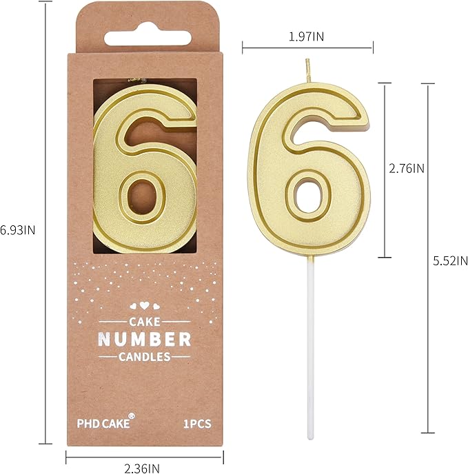PHD CAKE 2.76 Inch Luxe Gold 6 Number Birthday Candles, Gold Number Candle, Cake Number Candles, Party Celebration