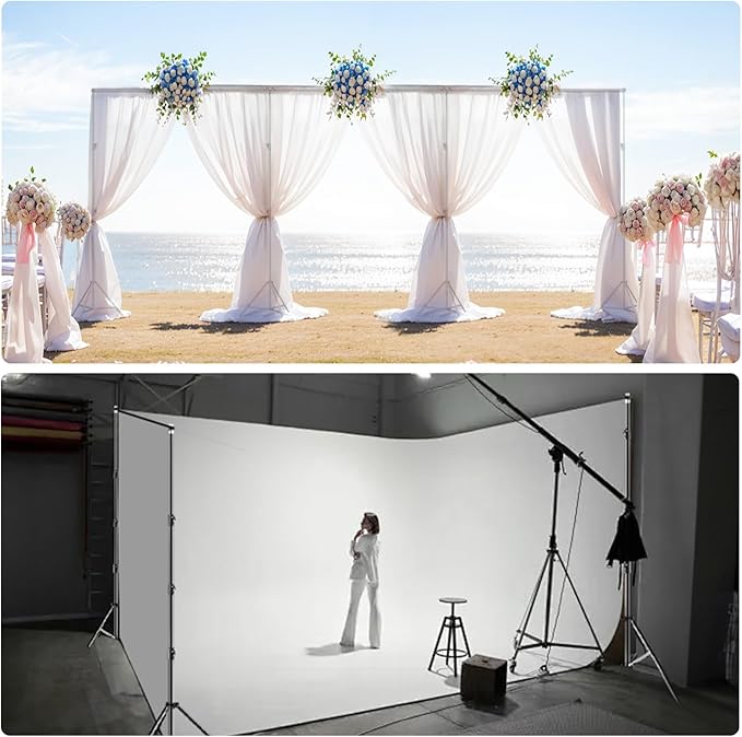 BEIYANG 10x30FT Photo Backdrop Stand, Angle Adjustable Triple Crossbar Extender Mount, Photography Background Support System, with Sand Bags,12 PCS Clamps for Wedding Party Celebration