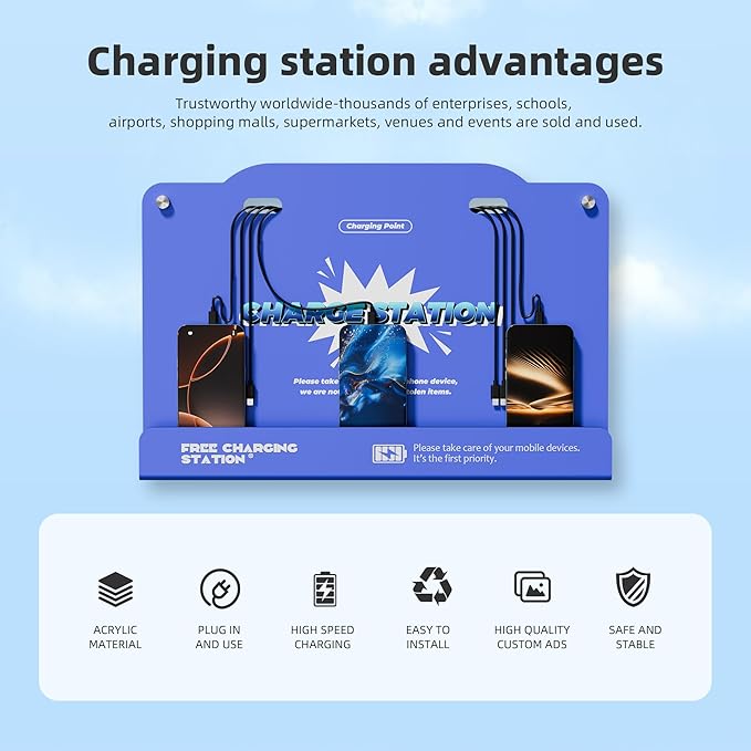 8-Port Wall Mounted Charging Station with Universal Cables – Fast Charging Dock for iPhone, Android & Type-C Devices – Perfect for Office, Airport, Hotel & School Use (Blue)