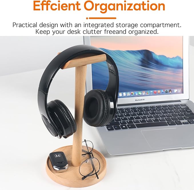 Yookin Wood Headphone Stand Headset Stand for Deak Universal Headphone Holder with Storgae Base Handcrafted Desk Organizer for Gaming Headsets(Beech Wood)