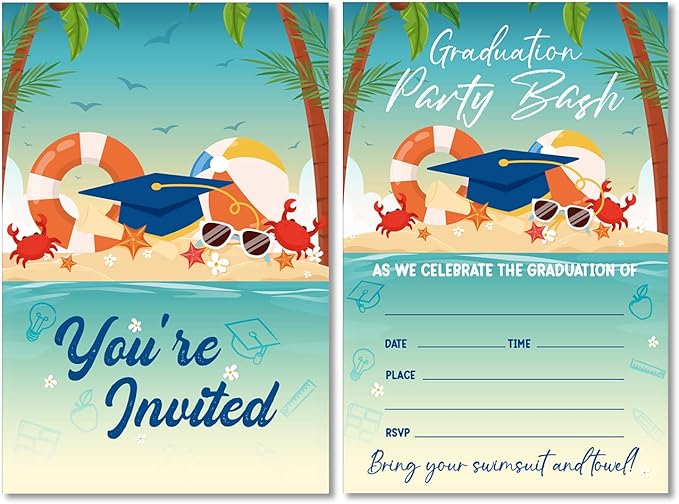 Soiceu Graduation Pool Party Bash Invitations with Envelopes Set of 20 Summer Graduation Party Invites Fill in Blank