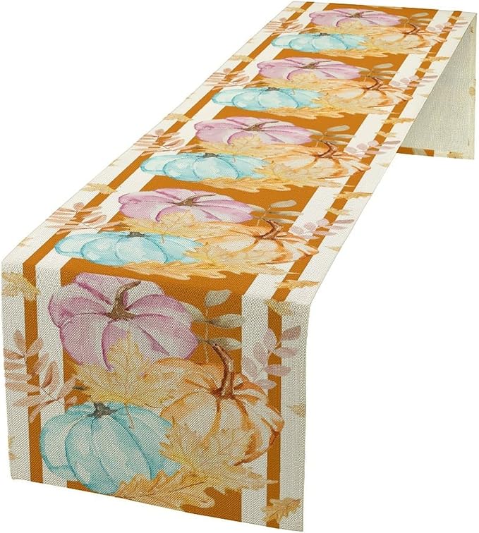 Watercolor Pumpkin Table Runner Rustic Farmhouse Autumn Plants Colorful Leaves Pastoral Harvest Theme Home Decor for Farmhouse Indoor Outdoor Party Holiday Dining Kitchen Restaurant Cafe W13xL90in