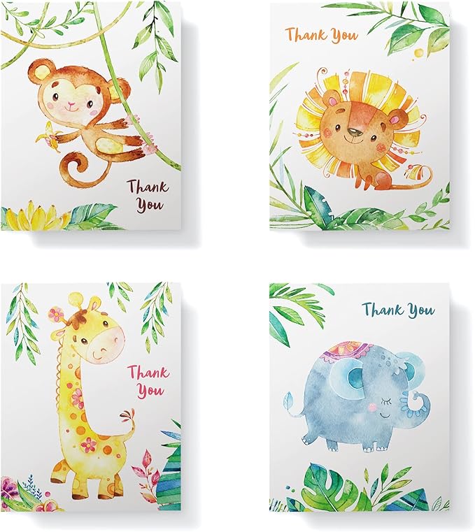Twigs Baby Shower Thank You Cards with Envelopes - 12 Set Simple Baby Shower Cards, New Baby Congratulations Cards, Welcome Baby Card, Made in the USA - Jungle Animal Designs, 5.5 x 4.25 Inch Size