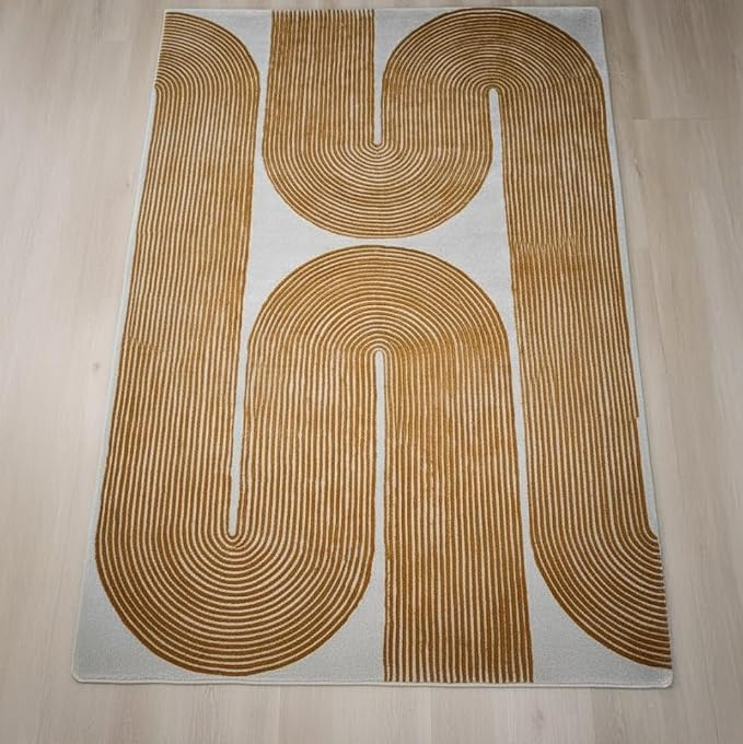 Modern Handmade Wool Area Rug, Abstract Curved Line Geometric Carpet for Living Room Bedroom, Contemporary Tufted Indoor Rug with Soft Pile and Cotton Backing (Gold, 6' x 8')