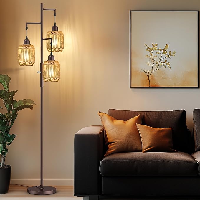ROTTOGOON Dimmable Boho Floor Lamp - 3 Light Farmhouse Rattan Floor Lamp for Living Room, Industrial Tree Floor Lamps with 3 X 6W LED Bulbs, Rustic Standing Tall Lamp for Bedroom, Office, 68", ORB